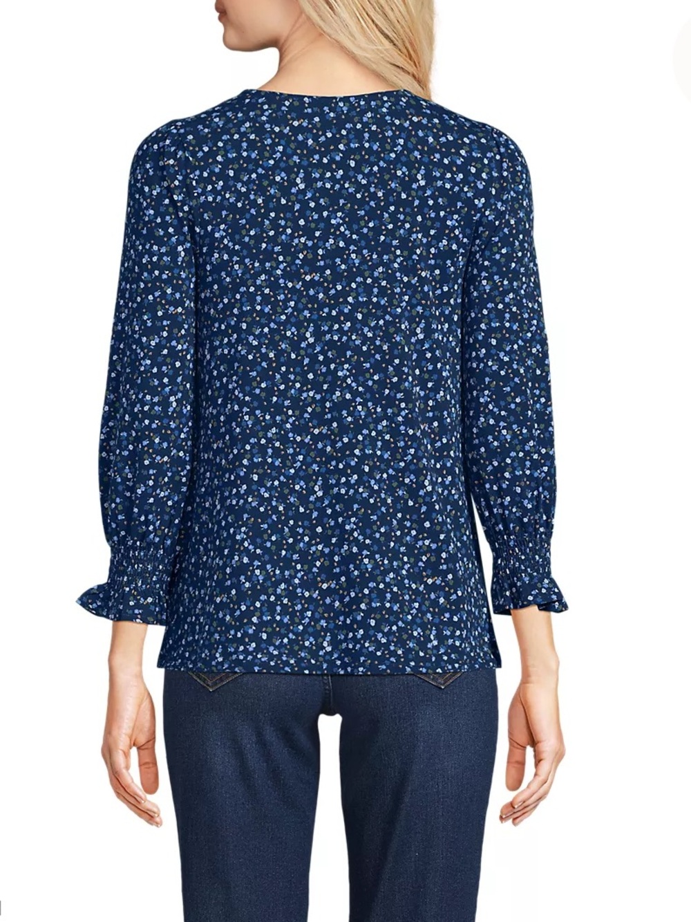 Lands' End Navy Blue Floral 3/4 Sleeve Lightweight Jersey Button Front Top M - Picture 2 of 11